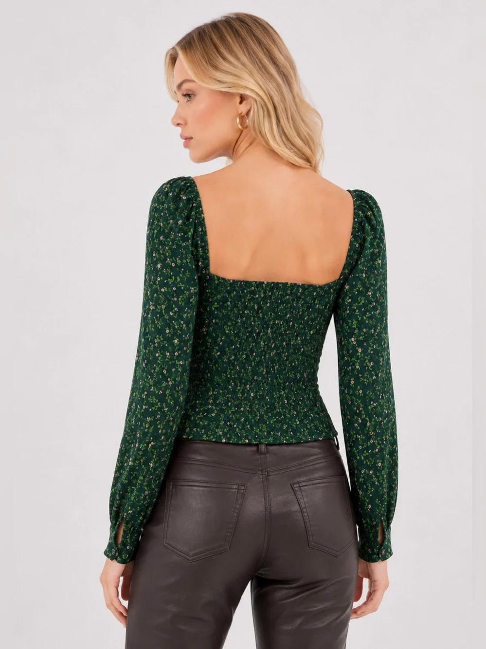 Reformation Clio Top Green Floral Long Sleeve Smocked Back Blouse 25926